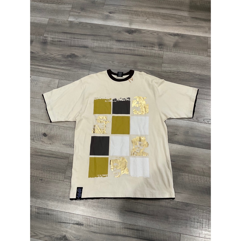 4fathers Hiphop Mens Cream Ringer T-Shirt Gold Foil Graphic‎ Size L